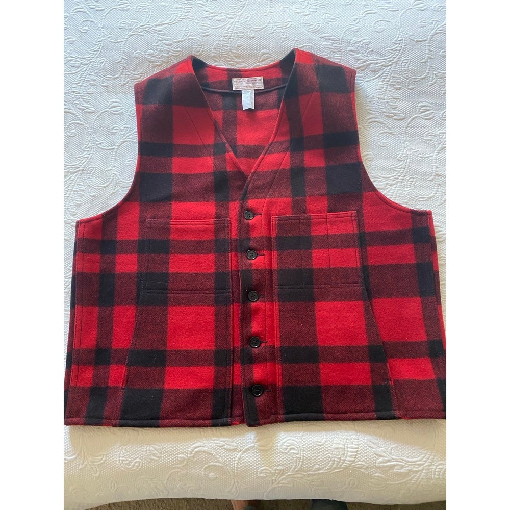 Filson Garment Virgin Wool Red Black Plaid VeVest Men's Size 50 Seattle Style 20